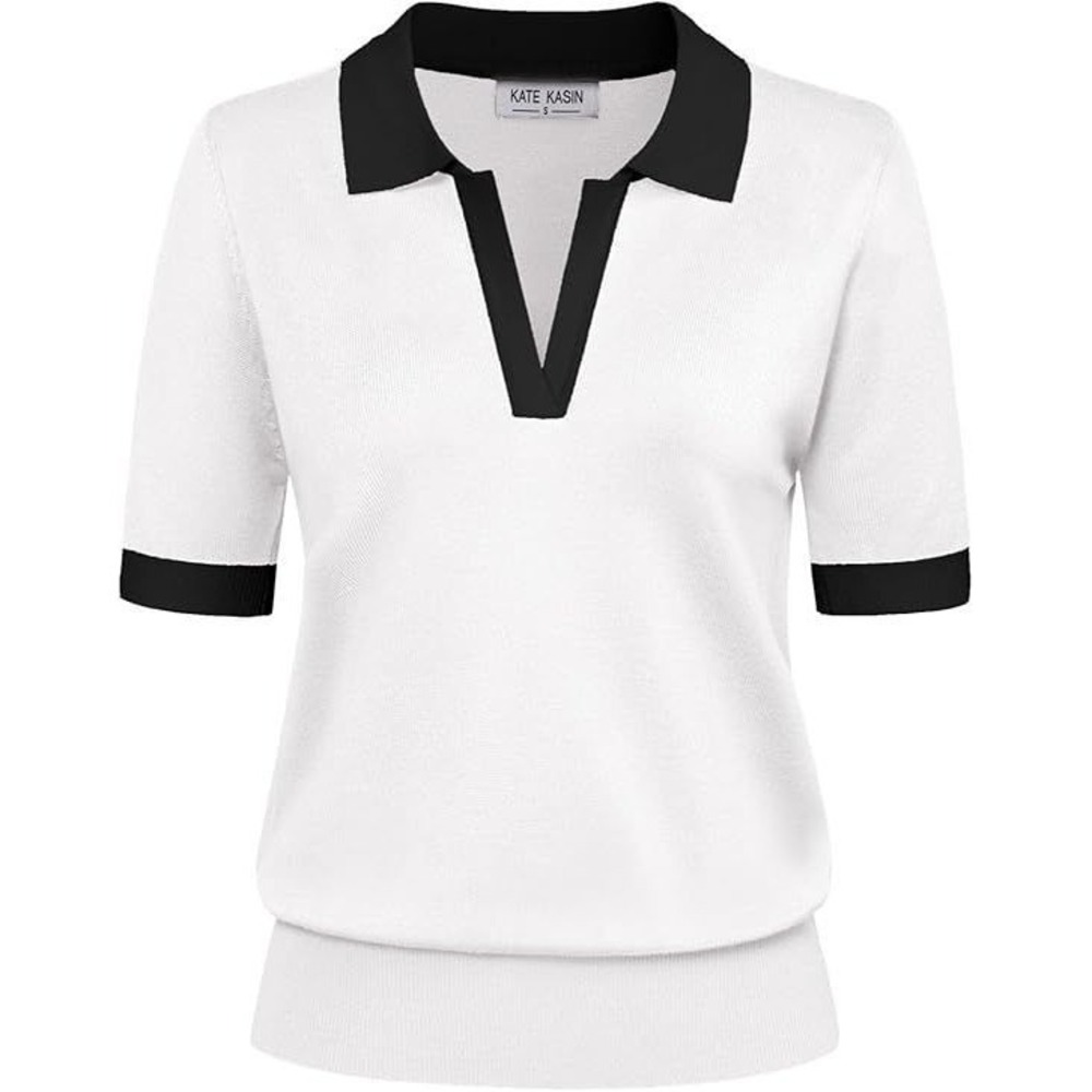 Kate Kasin Women's V-Neck Short Sleeve Knitted Ribbed Polo Sweater - White - M